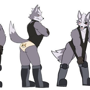 jrjresq, wolf o'donnell, nintendo, star fox, canid, canine, canis, mammal, wolf, abs, anthro, balls, belt, big muscles, blush