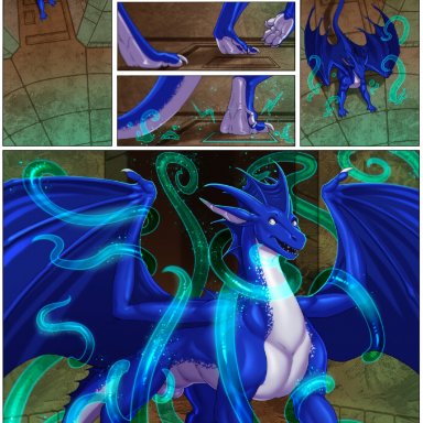 kalimah, neverneverland, firondraak, dragon, balls, belly, blue body, feral, genitals, male, solo, tentacles, white belly, comic, hi res