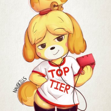 bugplayer, isabelle (animal crossing), animal crossing, nintendo, canid, canine, canis, domestic dog, mammal, shih tzu, toy dog, anthro, clothed, clothing, female