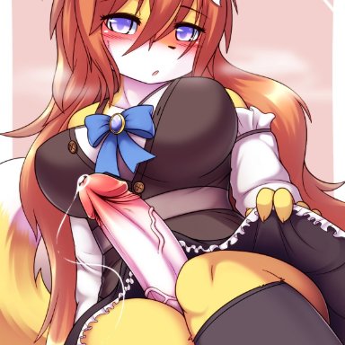 hane, canid, canine, fox, mammal, 5 fingers, anthro, big breasts, blush, bodily fluids, breasts, brown hair, claws, clothed, clothing