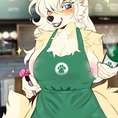 belsnep, allie von schwarzenbek, i mean breast milk, canid, canine, mammal, accessory, anthro, apron, apron only, areola, beverage, black nose, blonde hair, blue eyes