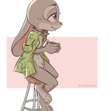 qrog, judy hopps, disney, zootopia, lagomorph, leporid, mammal, rabbit, 3 toes, anthro, cheek tuft, clothed, clothing, container, cup