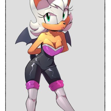 qrog, rouge the bat, sega, sonic the hedgehog (series), chiropteran, mammal, anthro, bat wings, biped, black clothing, boots, border, breasts, cleavage, clothed