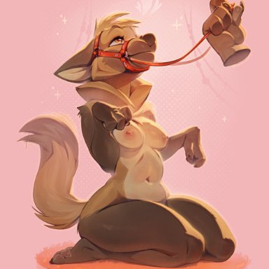 ulitochka, canid, canine, canis, domestic dog, mammal, ambiguous gender, anthro, areola, belly, breasts, brown body, brown ears, brown fur, disembodied hand