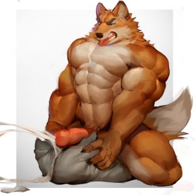 o reowoof, canid, canine, mammal, anthro, big abs, big biceps, big muscles, big pecs, big penis, bodily fluids, claws, countershading, cum, cum on ground
