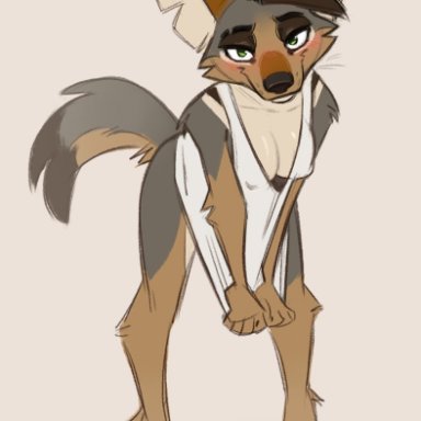 elcydog, sahara (nicnak044), canid, canine, canis, coyote, mammal, 4 toes, anthro, barefoot, blush, bottomless, breasts, brown hair, claws