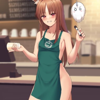 akashiro yulice, holo, i mean breast milk, spice and wolf, starbucks, animal humanoid, canid, canid humanoid, canine, canine humanoid, humanoid, mammal, mammal humanoid, wolf humanoid, 5 fingers