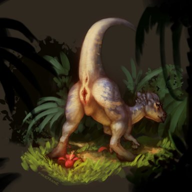 maneframe, dinosaur, ornithischian, pachycephalosaurid, pachycephalosaurus, reptile, scalie, anus, butt, female, feral, forest, genitals, looking at viewer, looking back