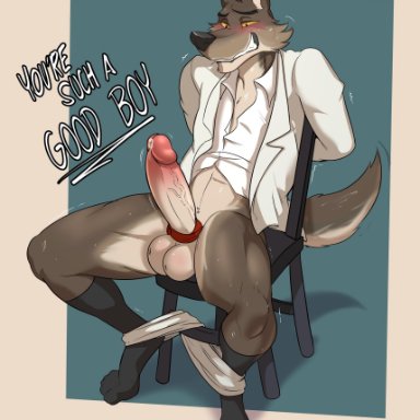zourik, mr. wolf (the bad guys), dreamworks, the bad guys, canid, canine, canis, mammal, wolf, anthro, balls, blush, bodily fluids, chair, clothing