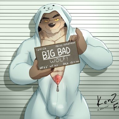 kenzofong, mr. wolf (the bad guys), dreamworks, the bad guys, canid, canine, canis, mammal, wolf, animal costume, anthro, bulge, genitals, kigurumi, looking at viewer
