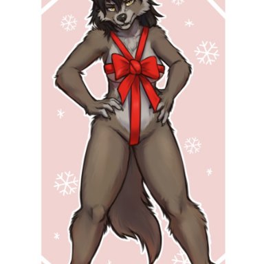 foxovh, blizzard entertainment, christmas, warcraft, canid, mammal, were, werecanid, worgen, 4 toes, 5 fingers, anthro, black hair, bow (disambiguation), breasts