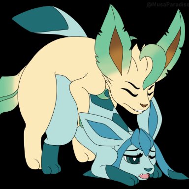 musaparadise, nintendo, pokémon, canid, canine, eeveelution, glaceon, leafeon, mammal, pokémon (species), doggystyle, duo, eyes closed, female, feral
