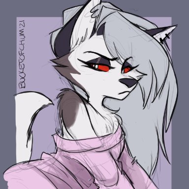 bucketoflewds, loona (helluva boss), helluva boss, canid, canid demon, demon, hellhound, mammal, anthro, bare shoulders, clothing, female, red sclera, solo, sweater