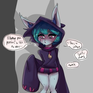 geks, vex (lol), league of legends, riot games, humanoid, yordle, baggy clothing, blush, bodily fluids, clothed, clothing, female, grey background, humanoid pointy ears, looking away