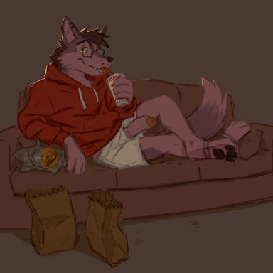 orf, videah, five guys, canid, canine, canis, mammal, wolf, anthro, beverage, boxers (clothing), burger, clothing, eyewear, fast food