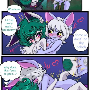 faramound, tristana (lol), vex (lol), league of legends, riot games, humanoid, yordle, <3, bed, big breasts, breasts, cutaway, dialogue, duo, embrace