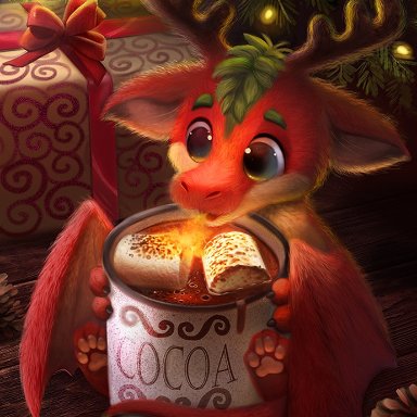 cryptid-creations, christmas, dragon, furred dragon, ambiguous gender, beverage, black eyes, bow ribbon, breath powers, candy, chocolate, christmas lights, christmas present, christmas tree, claws