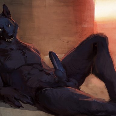 sixfoot, canid, canine, canis, humanoid, mammal, wolf, abs, animal genitalia, animal penis, anthro, bed, biped, black body, black fur