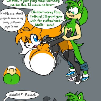 norithics, fan character, miles prower, sega, sonic the hedgehog (series), canid, canine, eulipotyphlan, fox, hedgehog, mammal, accessory, anthro, arm pull, aroused